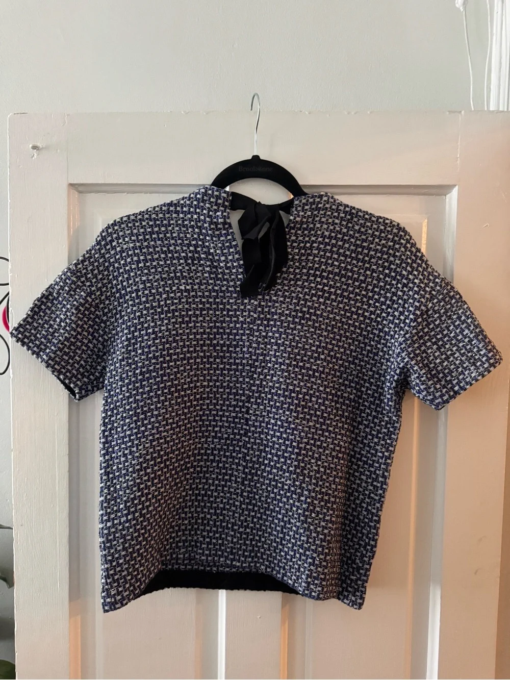 J. Crew Blue and White Tweed Short Sleeve Top